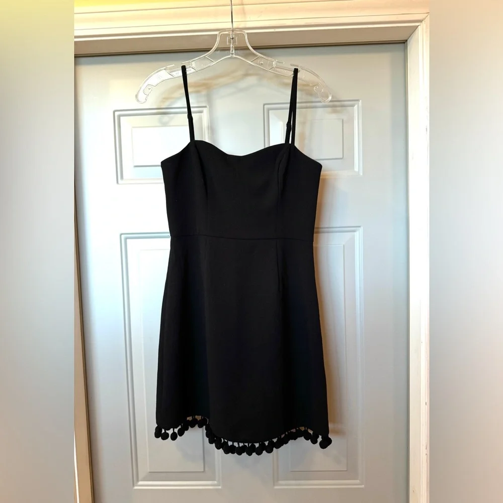 French Connection Black Mini Dress Pom Pom Hem Spaghetti Strap Size US 2